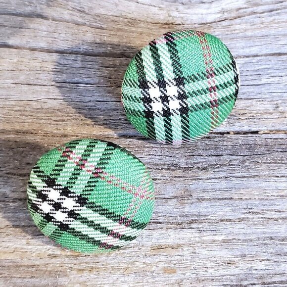 Green Black White Tartan Plaid Fabric Button Earrings - Picture 4 of 6